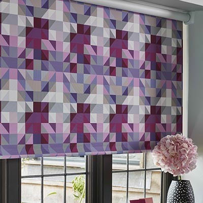 Purple designed EasyFit roller blind in window